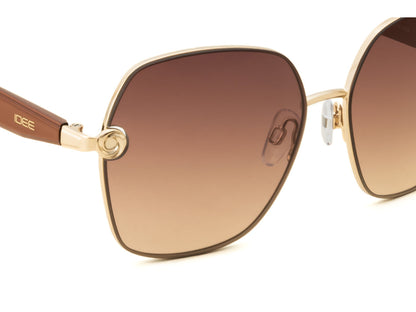 Sunglasses with gold frame and brown gradient lenses on a white background