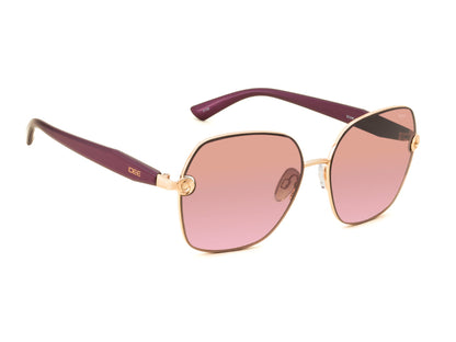 Sunglasses with purple frame and pink gradient lenses on a white background