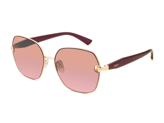 Sunglasses with gold frame and pink lenses on a white background