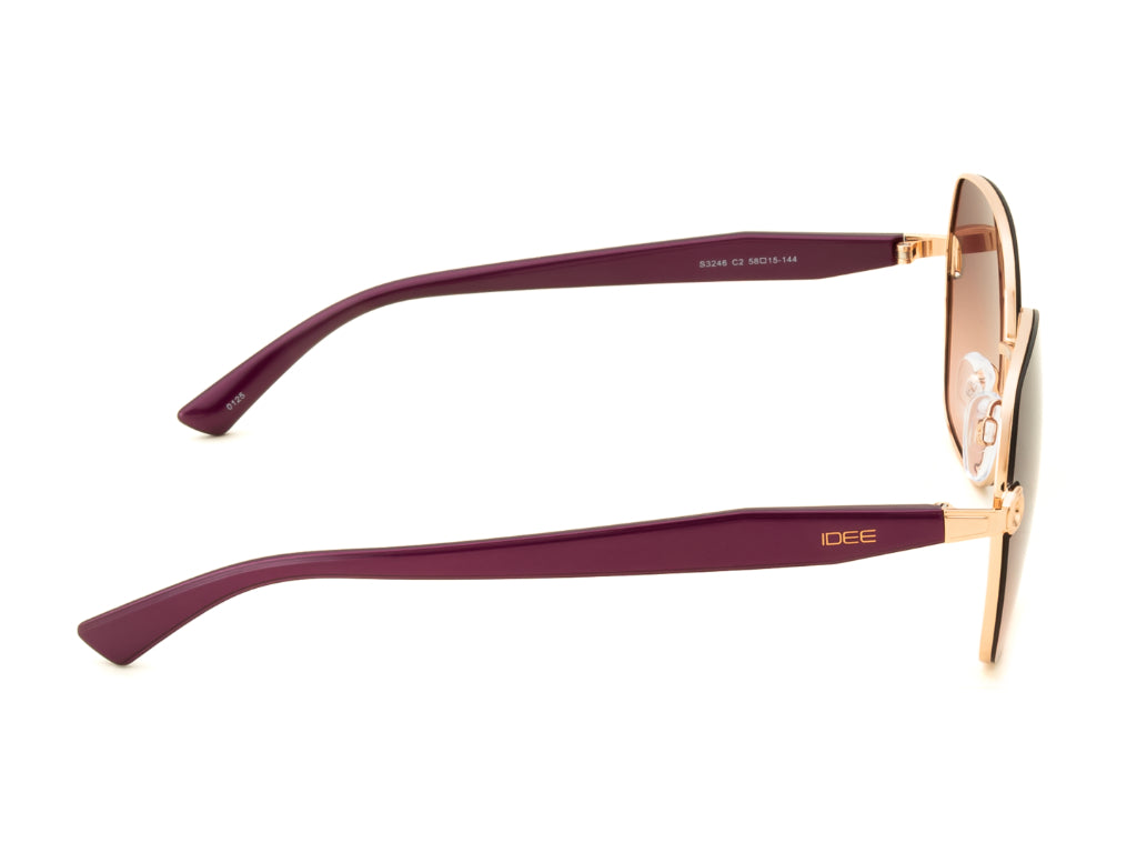 Sunglasses with purple frames and gold accents on a white background