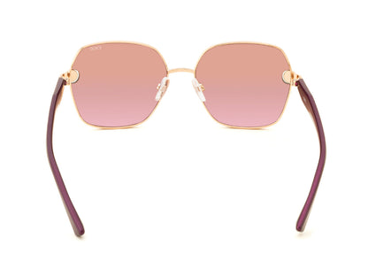 Sunglasses with pink lenses and purple frames on a white background