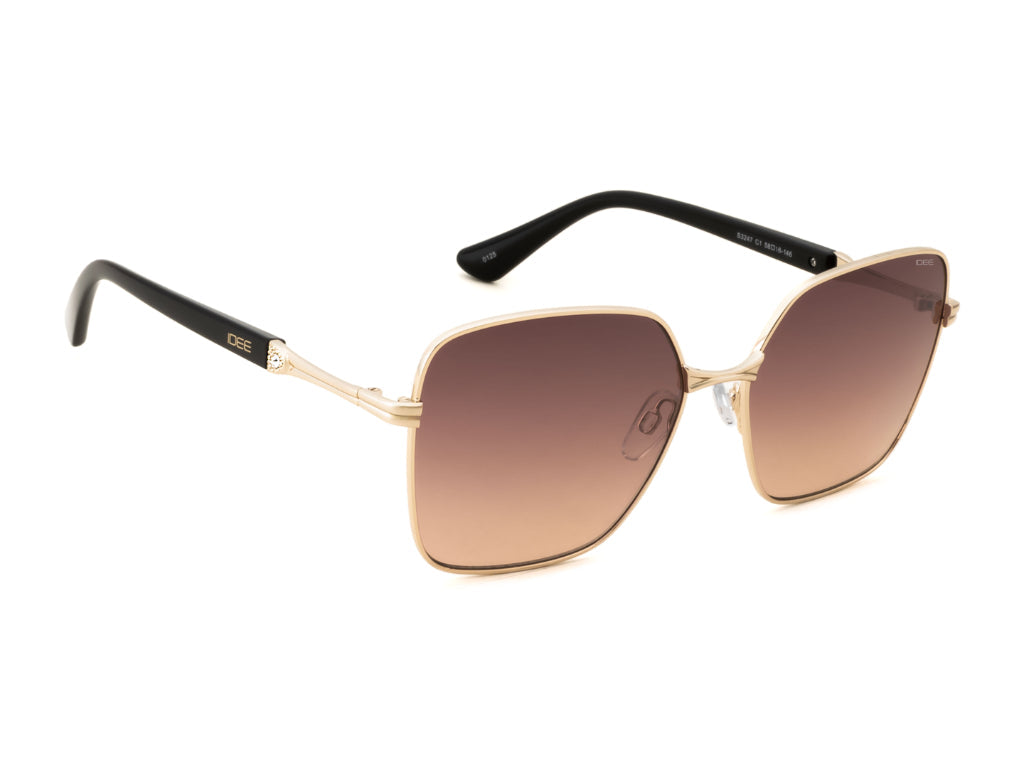 Gold-framed sunglasses with brown gradient lenses on a white background