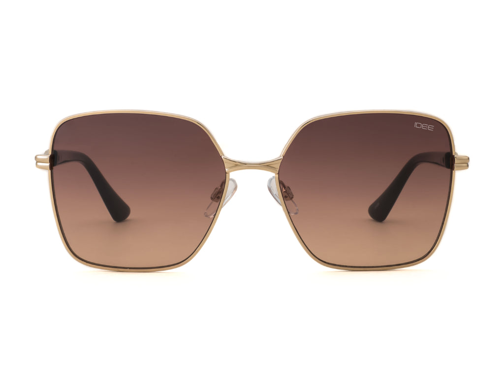 Gold-framed sunglasses with brown gradient lenses on a white background