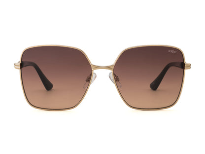 Gold-framed sunglasses with brown gradient lenses on a white background