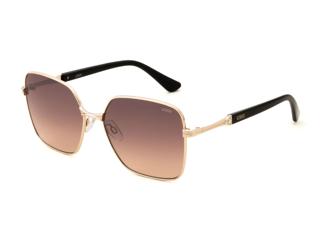 Sunglasses with gold frame and black arms on a white background