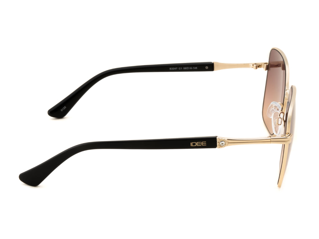 Sunglasses with gold frame and black arms on a white background