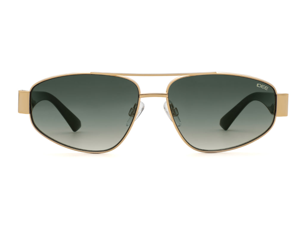 Gold-framed sunglasses with dark lenses on a white background