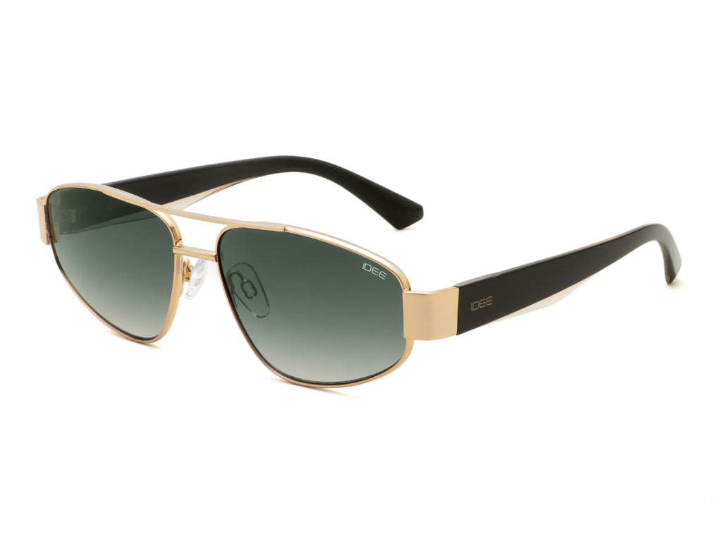 Gold-framed sunglasses with black arms on a white background