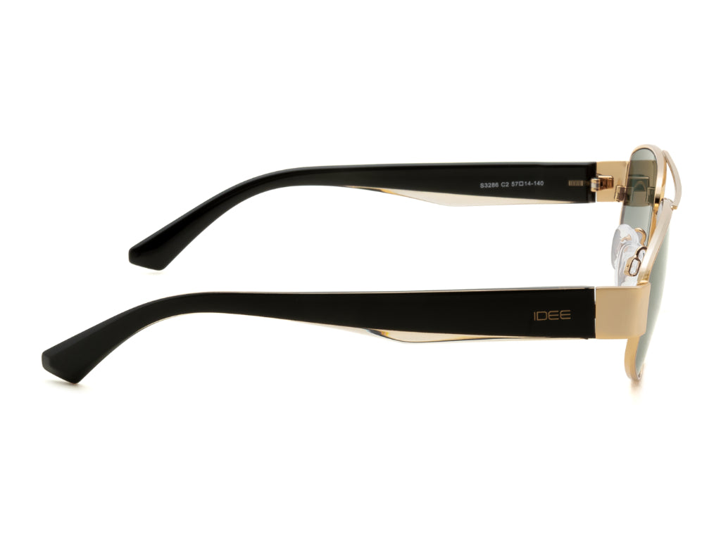 Sunglasses with black arms and gold frame on a white background