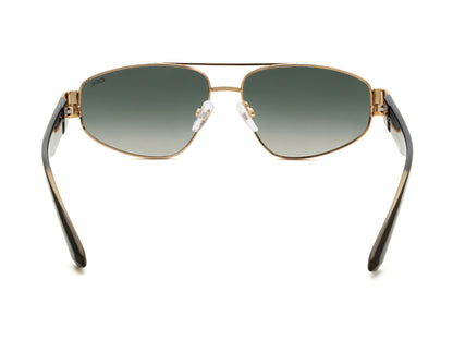Sunglasses with gold frame and black arms on a white background