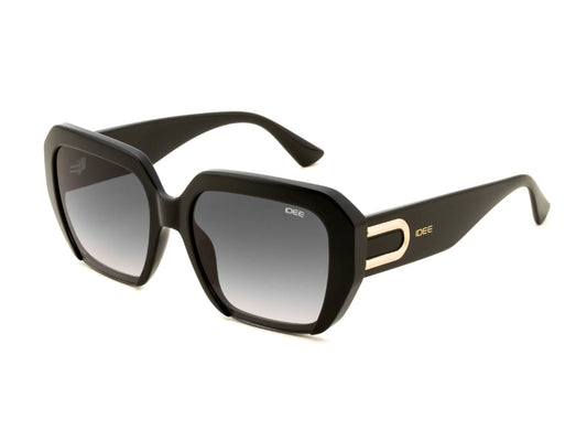Black sunglasses with gold accents on a white background