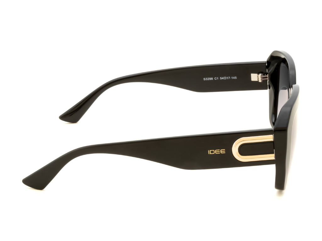 Black sunglasses with gold accents on a white background