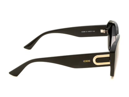 Black sunglasses with gold accents on a white background