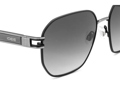 Sunglasses with black gradient lenses and silver frame on a white background