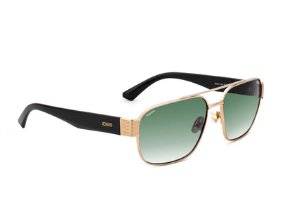 Sunglasses with gold frame and black arms on a white background