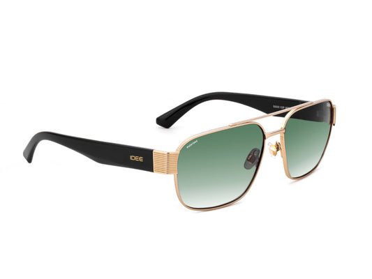 Sunglasses with gold frame and black arms on a white background