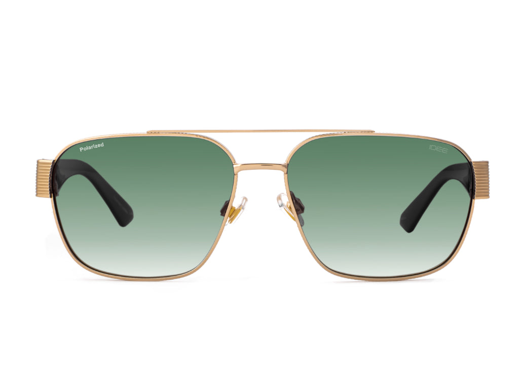 Gold-framed sunglasses with green gradient lenses on a white background