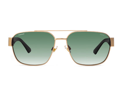 Gold-framed sunglasses with green gradient lenses on a white background