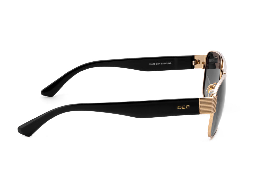 Sunglasses with black frame and gold accents on a white background