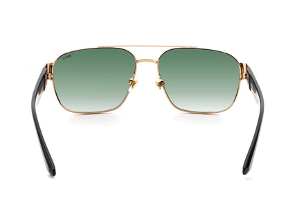 Sunglasses with gold frame and black arms on a white background