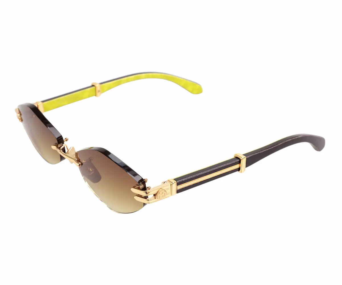 Sunglasses with gold and black frame on a white background