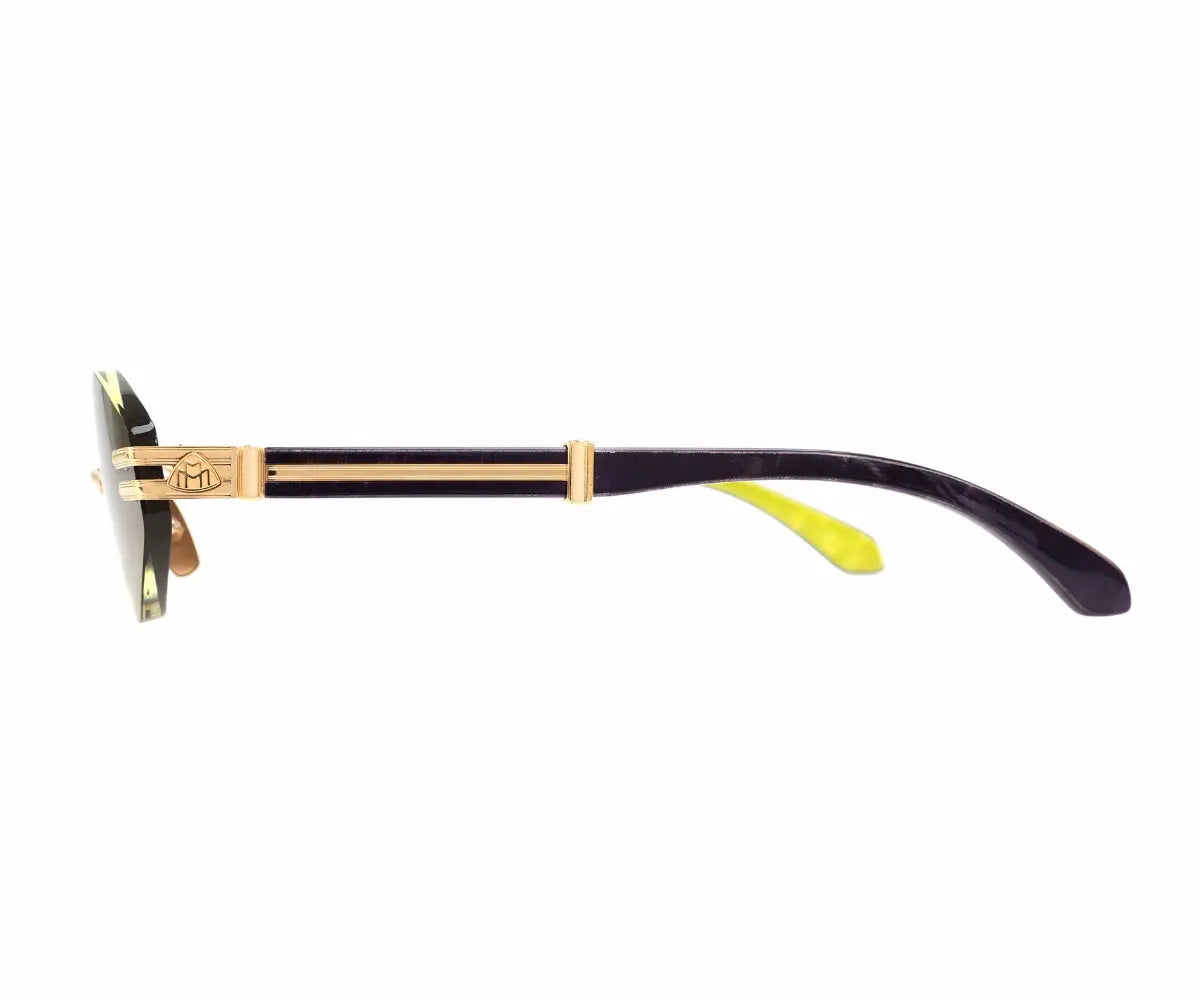 Sunglasses with gold frame and black arms on a white background