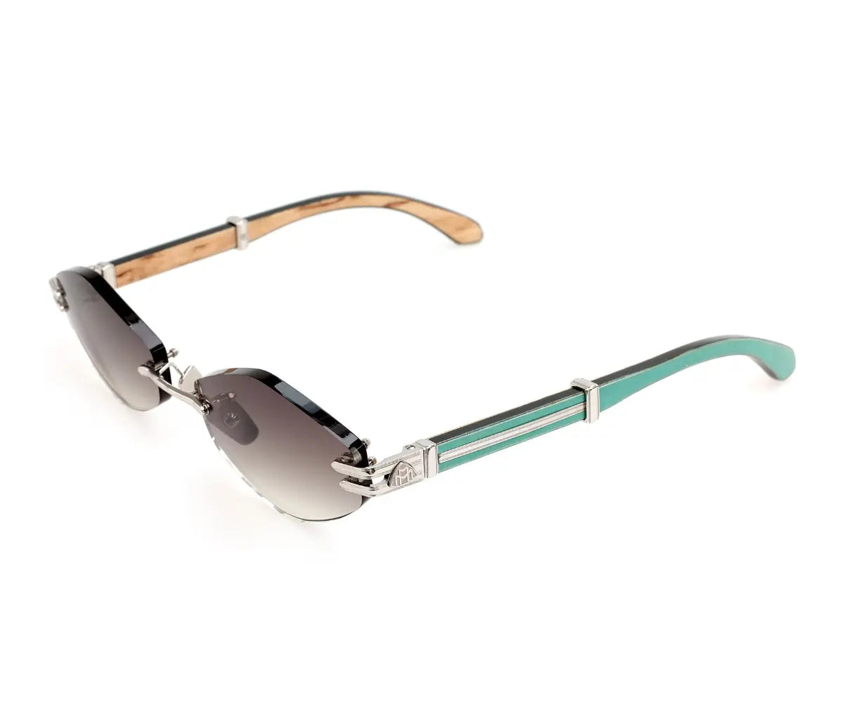 Sunglasses with gradient lenses and turquoise and silver frame on a white background