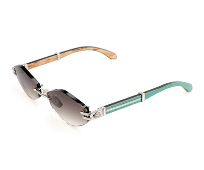 Sunglasses with gradient lenses and turquoise and silver frame on a white background