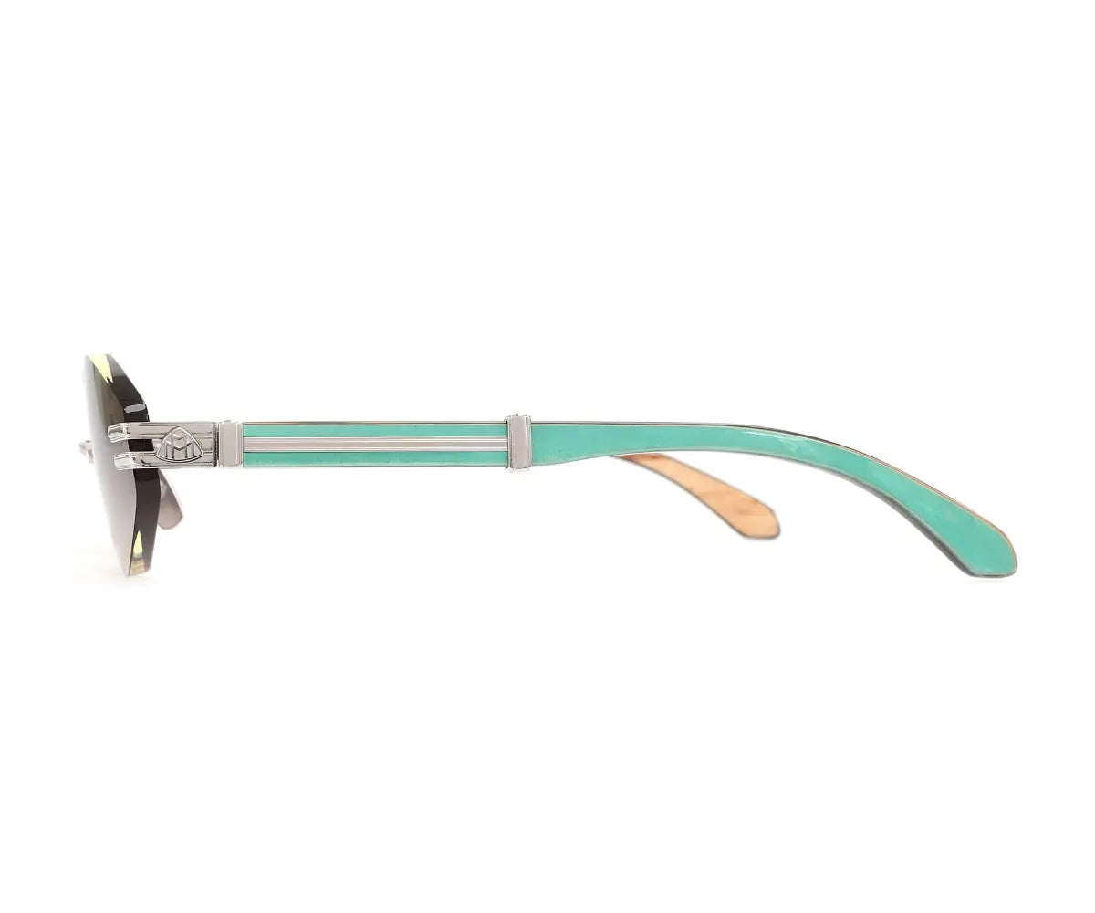 Sunglasses with turquoise frame and pink temple tips on a white background