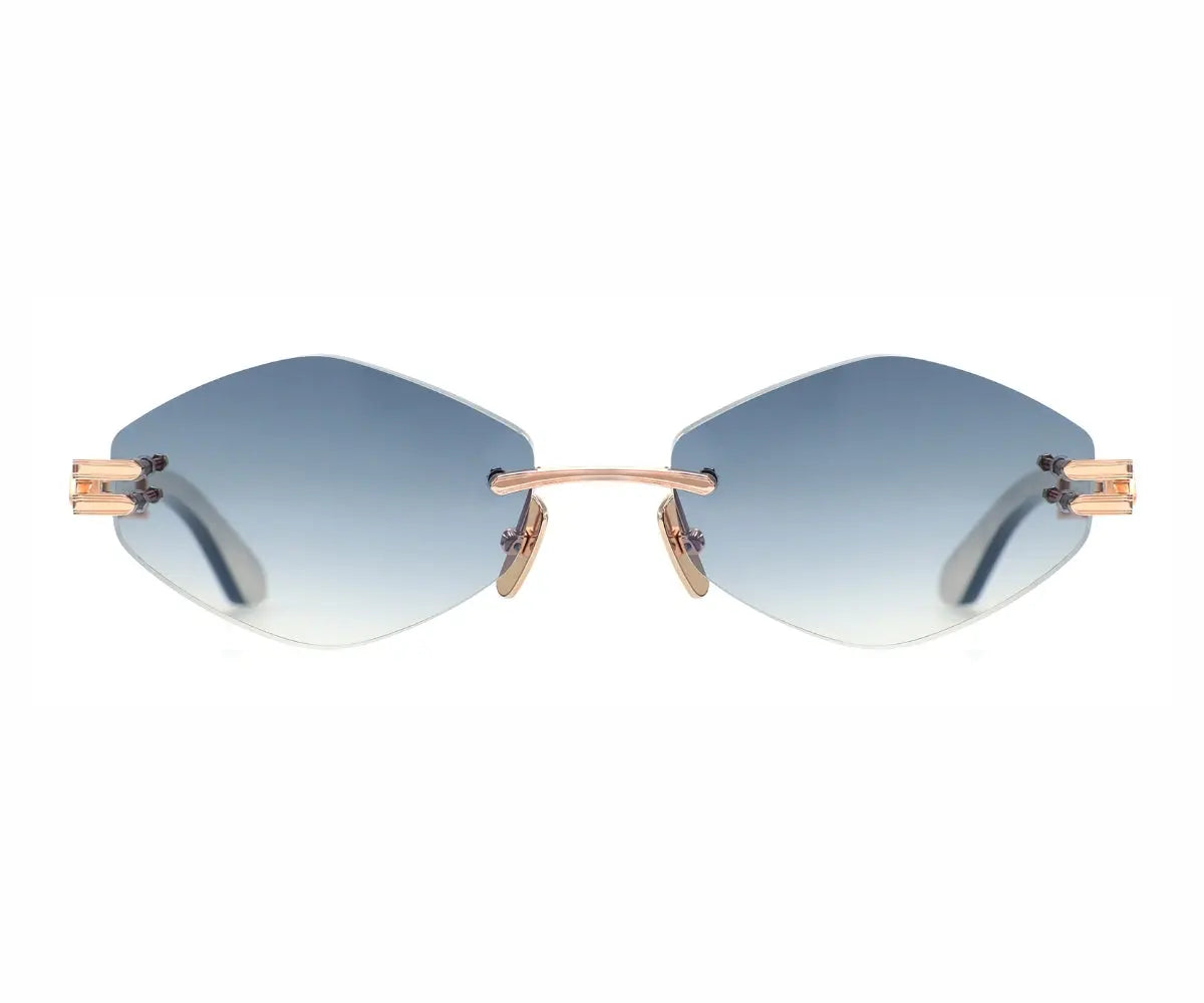 Sunglasses with blue gradient lenses and rose gold frame on a white background