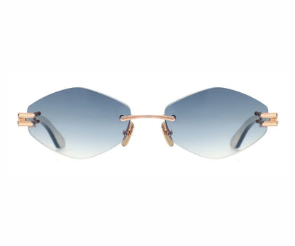 Sunglasses with blue gradient lenses and rose gold frame on a white background