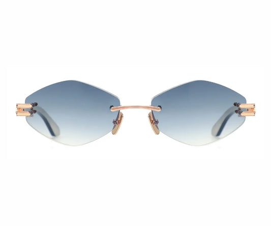 Sunglasses with blue gradient lenses and rose gold frame on a white background