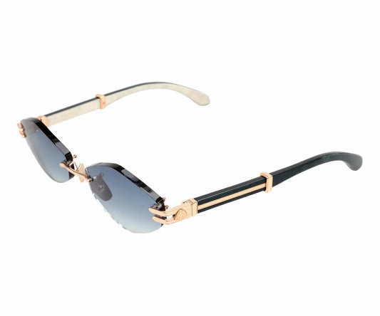 Sunglasses with gold and black frame on a white background