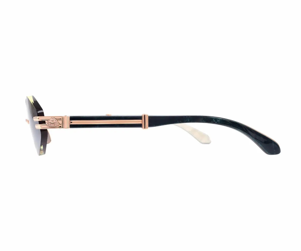 Sunglasses with black frame and rose gold accents on a white background