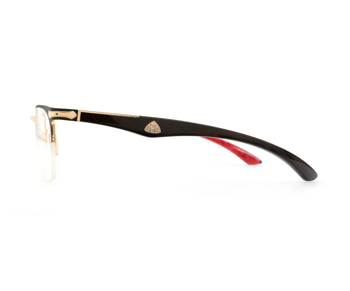 Eyeglasses with black frame and red accents on a white background
