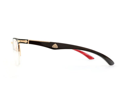 Eyeglasses with black frame and red accents on a white background