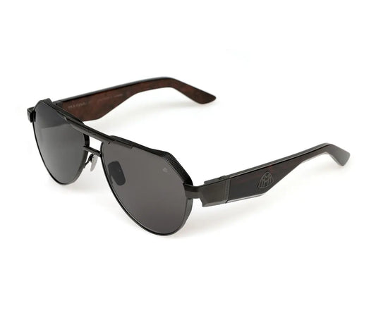 Sunglasses with dark lenses and wooden frame on a white background