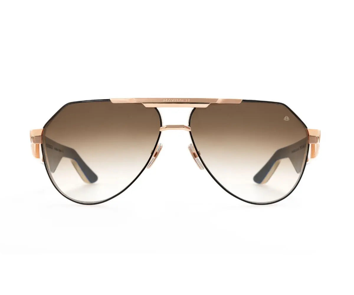 Aviator sunglasses with rose gold frame and gradient lenses on a white background