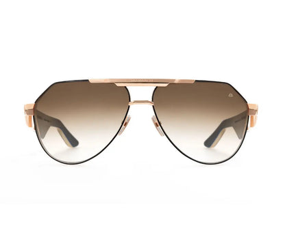 Aviator sunglasses with rose gold frame and gradient lenses on a white background