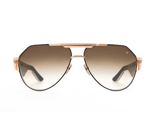Aviator sunglasses with rose gold frame and gradient lenses on a white background