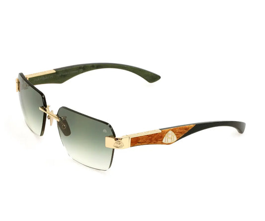 Sunglasses with wooden frame and gradient lenses on a white background