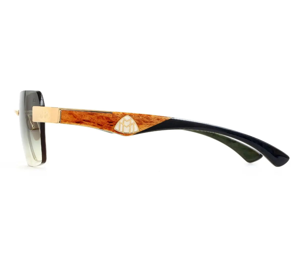 Sunglasses with wooden frame and black arm on a white background
