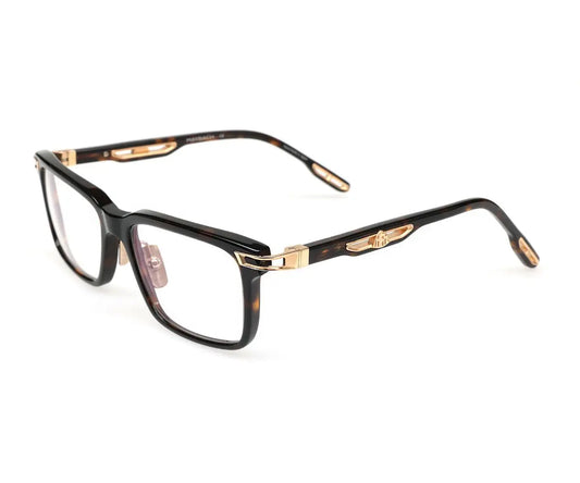 Black and gold eyeglasses on a white background