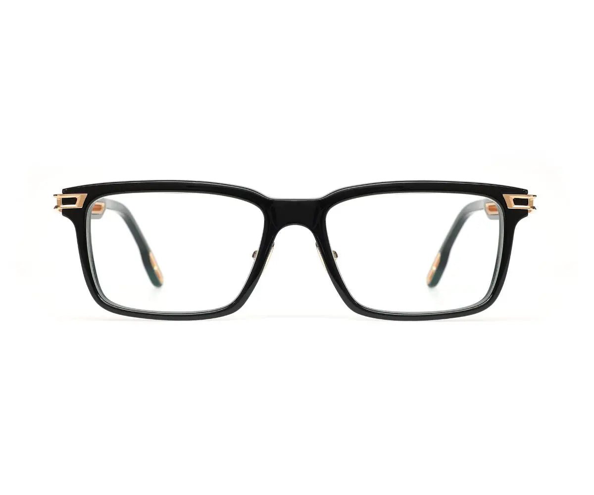 Black eyeglasses with gold accents on a white background