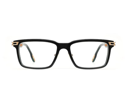 Black eyeglasses with gold accents on a white background