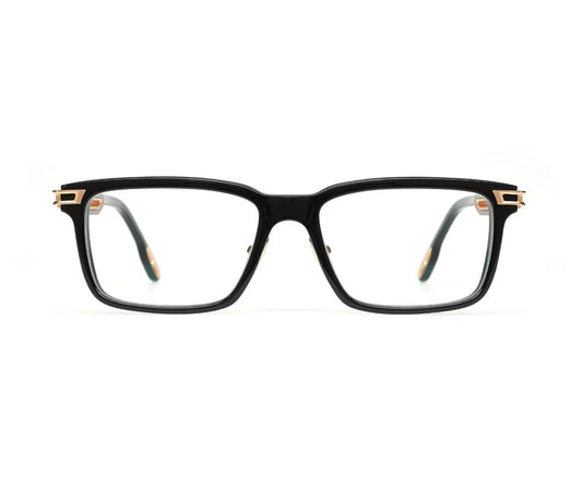 Black eyeglasses with gold accents on a white background