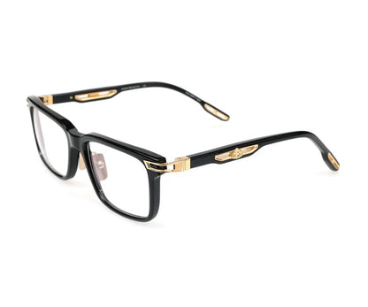 Black and gold eyeglasses on a white background
