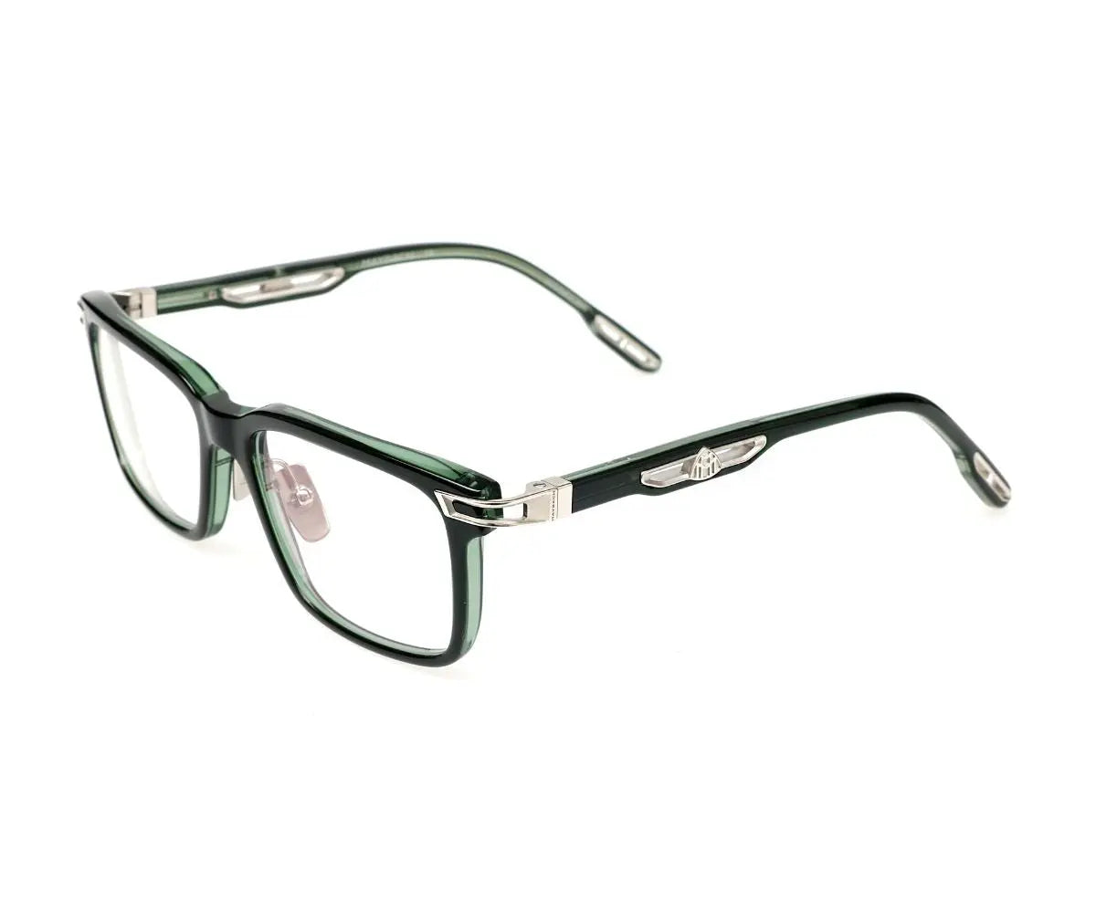 Green eyeglasses with silver accents on a white background