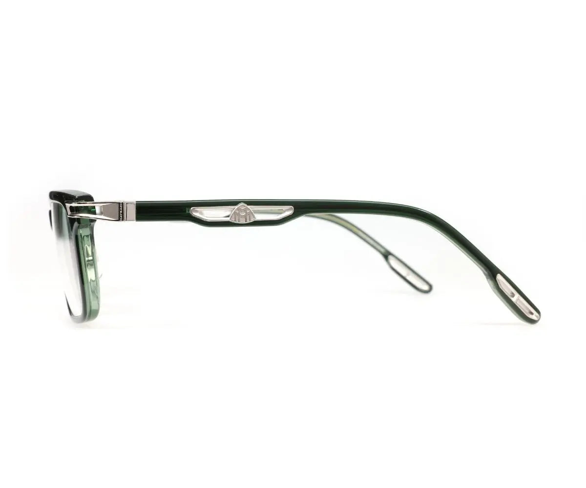 Green eyeglasses with a silver frame on a white background