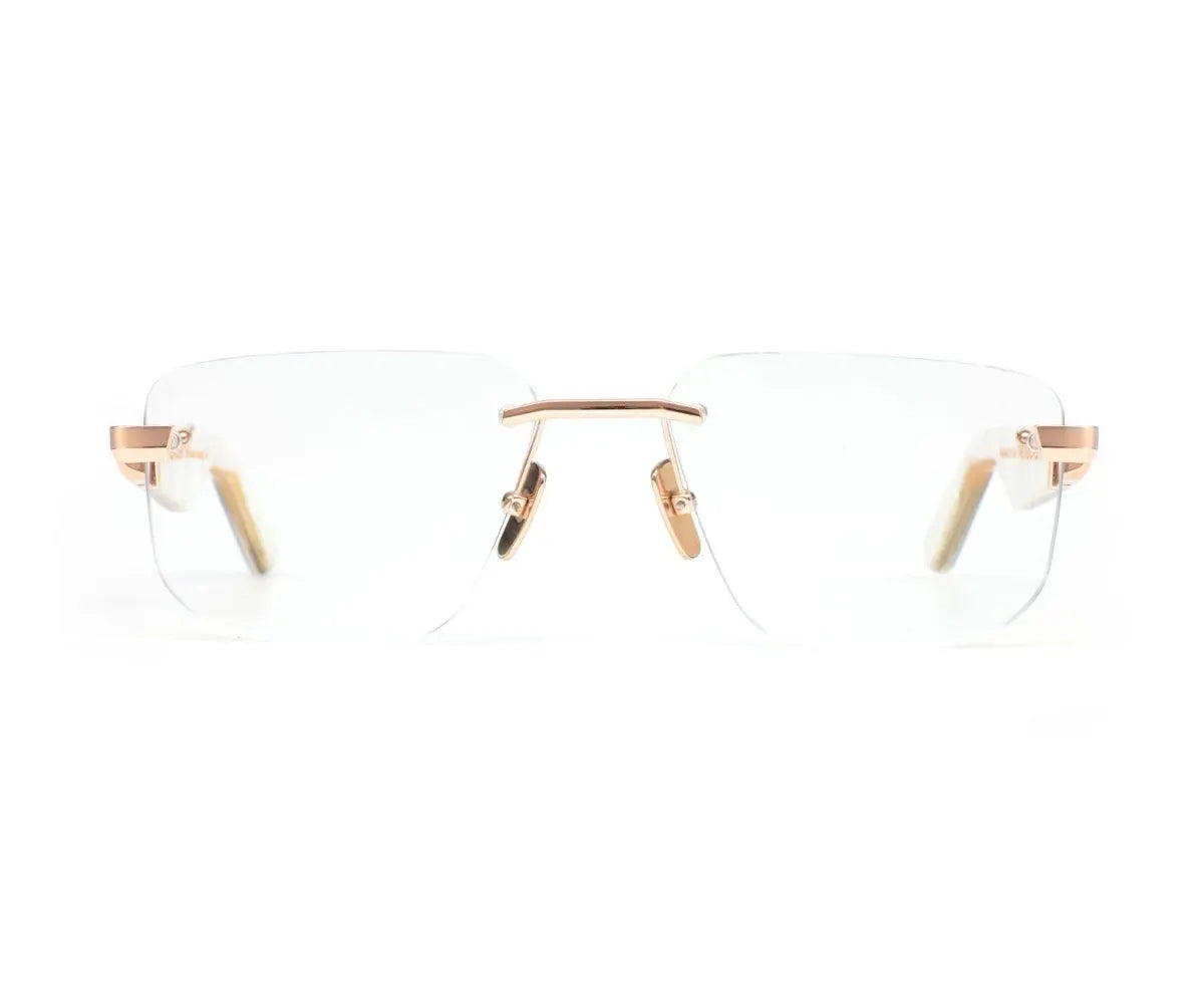 Clear eyeglasses with gold frames on a white background